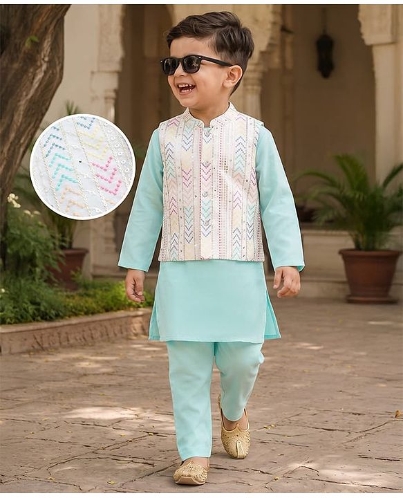 Babyhug Cotton Blend Woven Full Sleeves Kurta Pyjama Set with Embroidered Nehru Jacket - Aqua Blue