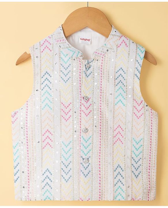 Babyhug Cotton Blend Woven Full Sleeves Kurta Pyjama Set with Embroidered Nehru Jacket - Aqua Blue