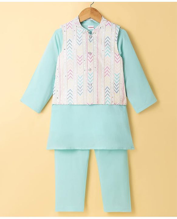 Babyhug Cotton Blend Woven Full Sleeves Kurta Pyjama Set with Embroidered Nehru Jacket - Aqua Blue