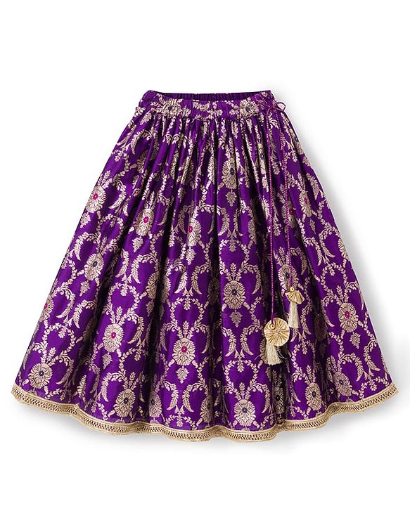 Babyhug Woven Sleeveless Floral & Sequin Embroidered Foil Printed Choli Lehenga Set with Dupatta & Lace Detailing - Purple
