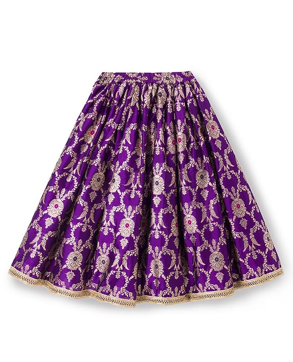 Babyhug Woven Sleeveless Floral & Sequin Embroidered Foil Printed Choli Lehenga Set with Dupatta & Lace Detailing - Purple