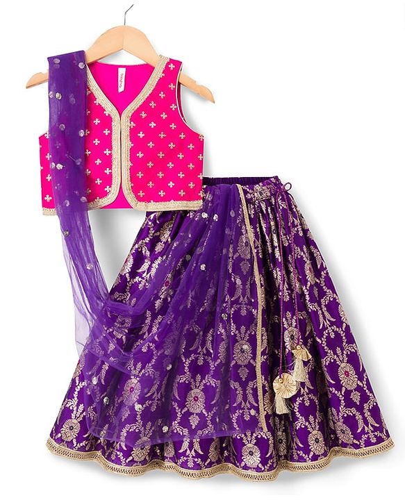 Babyhug Woven Sleeveless Floral & Sequin Embroidered Foil Printed Choli Lehenga Set with Dupatta & Lace Detailing - Purple