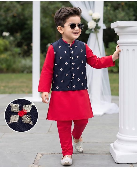 Babyhug Cotton Blend Woven Full Sleeves Solid Kurta Pyjama Set With Floral Embroidered Jacket - Dark Pink & Navy Blue