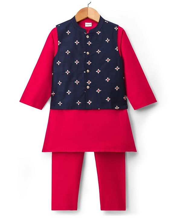 Babyhug Cotton Blend Woven Full Sleeves Solid Kurta Pyjama Set With Floral Embroidered Jacket - Dark Pink & Navy Blue