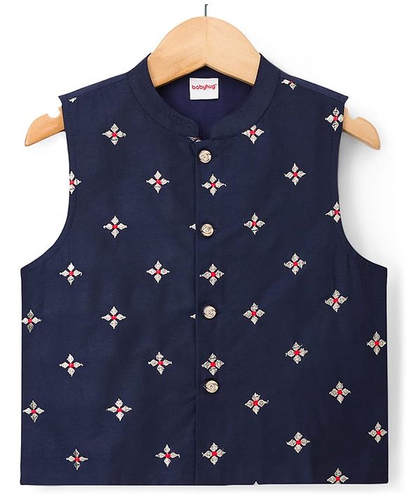 Babyhug Cotton Blend Woven Full Sleeves Solid Kurta Pyjama Set With Floral Embroidered Jacket - Dark Pink & Navy Blue