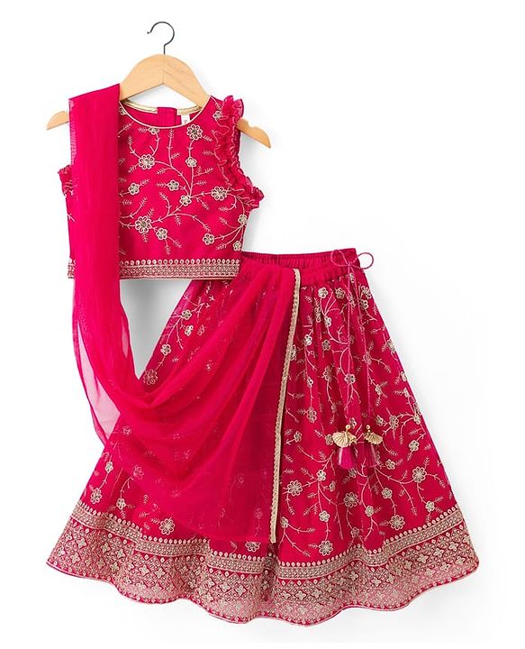 Babyhug Georgette Woven Sleeveless Chinnon Embroidered Choli Lehenga Set with Dupatta & Lace Detailing- Pink