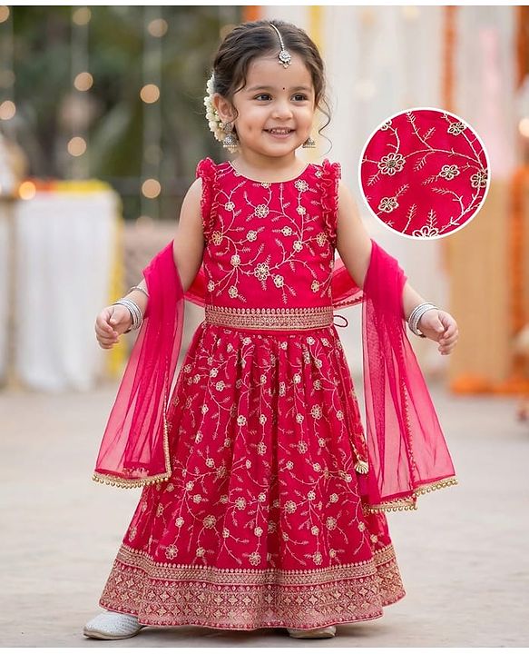Babyhug Georgette Woven Sleeveless Chinnon Embroidered Choli Lehenga Set with Dupatta & Lace Detailing- Pink