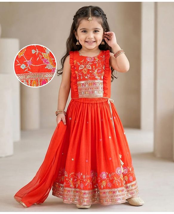 Babyhug Georgett Woven  Sleeveless Floral Embroidered Lehenga Choli & Dupatta Set- Orange
