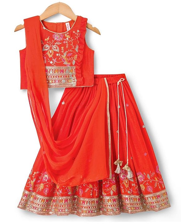 Babyhug Georgett Woven  Sleeveless Floral Embroidered Lehenga Choli & Dupatta Set- Orange