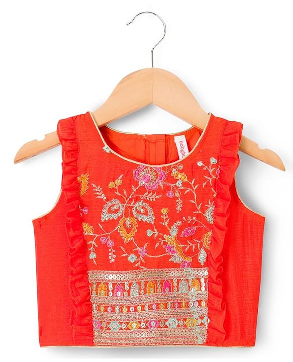 Babyhug Georgett Woven  Sleeveless Floral Embroidered Lehenga Choli & Dupatta Set- Orange