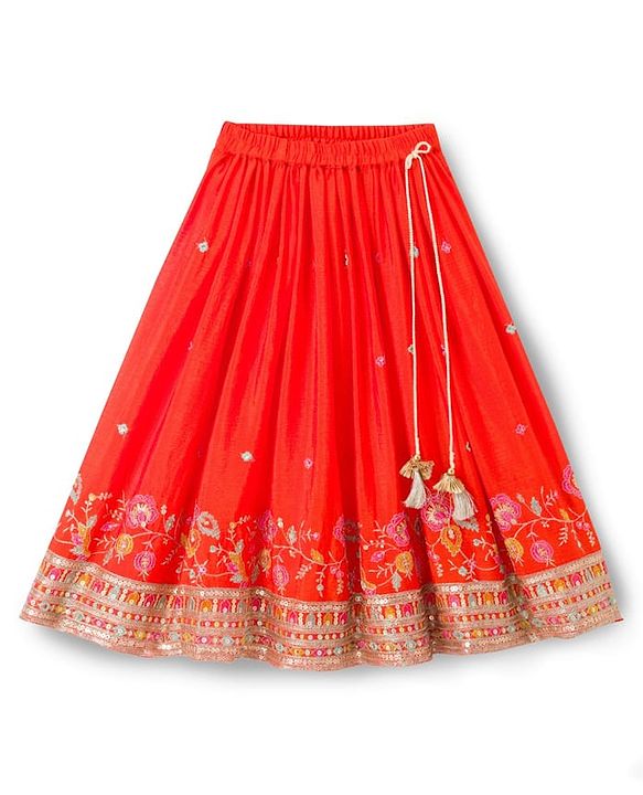 Babyhug Georgett Woven  Sleeveless Floral Embroidered Lehenga Choli & Dupatta Set- Orange