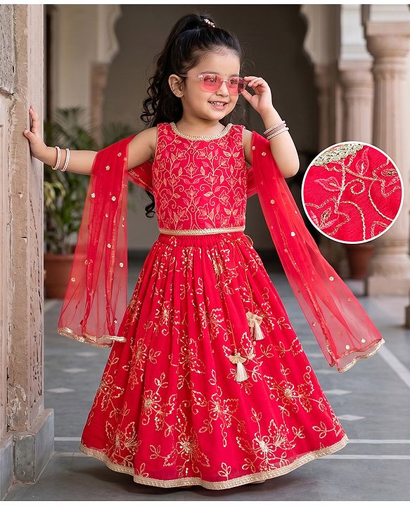Babyhug Georgette Woven Sleeveless Chinnon Sequin Embroidered Choli Lehenga  & Dupatta Set with Lace Detailing -  Red