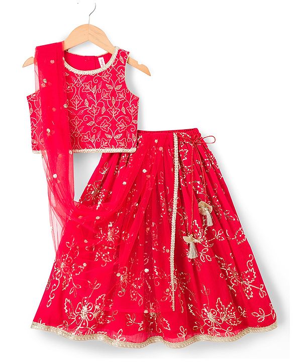 Babyhug Georgette Woven Sleeveless Chinnon Sequin Embroidered Choli Lehenga  & Dupatta Set with Lace Detailing -  Red