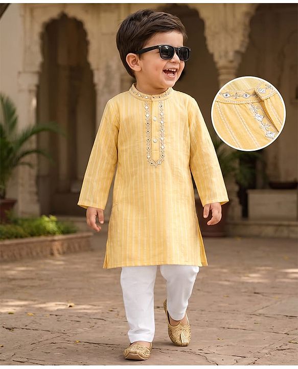 Babyhug Cotton Blend Woven Full Sleeves Striped Kurta Pyjama Set - Yellow