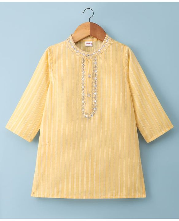 Babyhug Cotton Blend Woven Full Sleeves Striped Kurta Pyjama Set - Yellow
