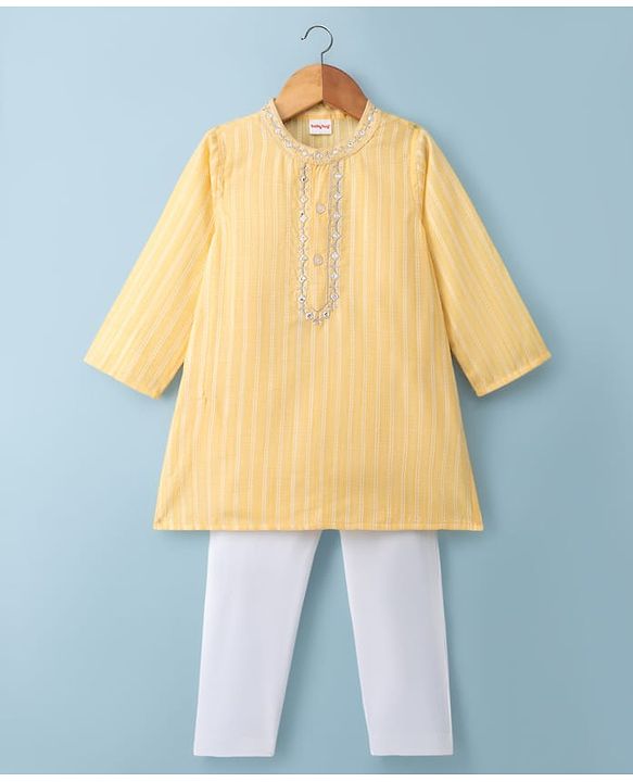 Babyhug Cotton Blend Woven Full Sleeves Striped Kurta Pyjama Set - Yellow
