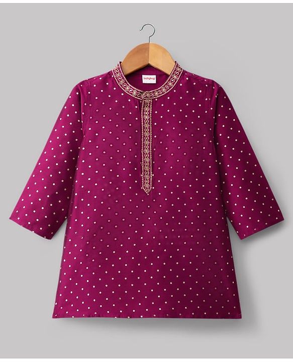 Babyhug Cotton Blend Woven Full Sleeves Kurta Pyjama Set with Foil Polka Dot Print - Fuchsia