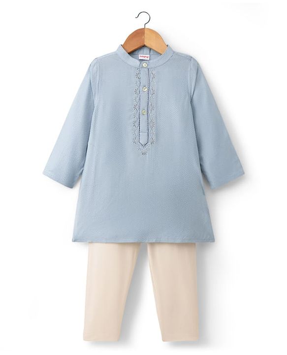 Babyhug Rayon Woven Full Sleeves Floral Embroidered Dobby Solid Kurta Pyjama Set - Light Blue