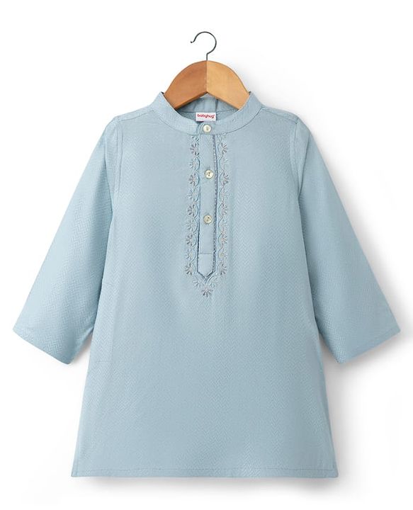 Babyhug Rayon Woven Full Sleeves Floral Embroidered Dobby Solid Kurta Pyjama Set - Light Blue