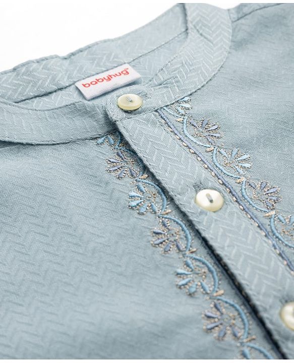 Babyhug Rayon Woven Full Sleeves Floral Embroidered Dobby Solid Kurta Pyjama Set - Light Blue