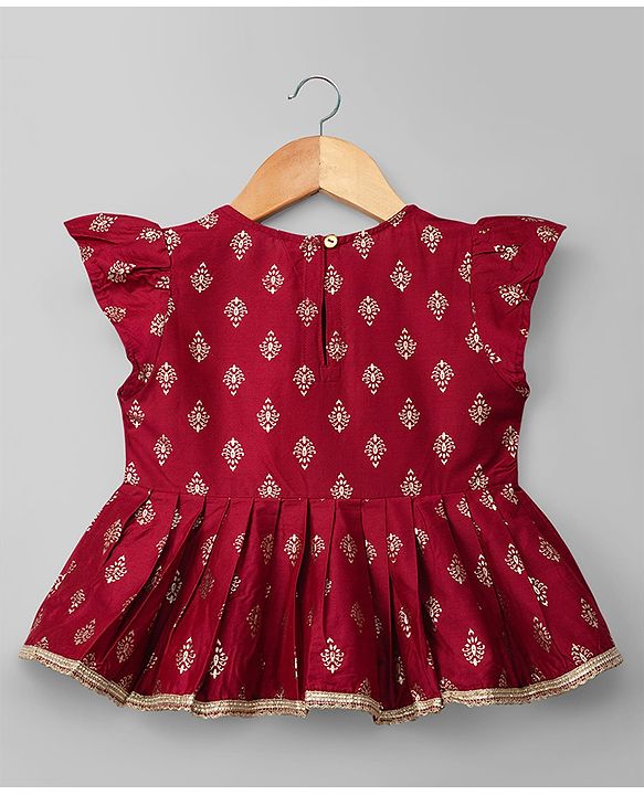 Babyhug Chanderi Woven Half Sleeves Floral Foil Printed Choli Lehenga Set With Dupatta - White & Red