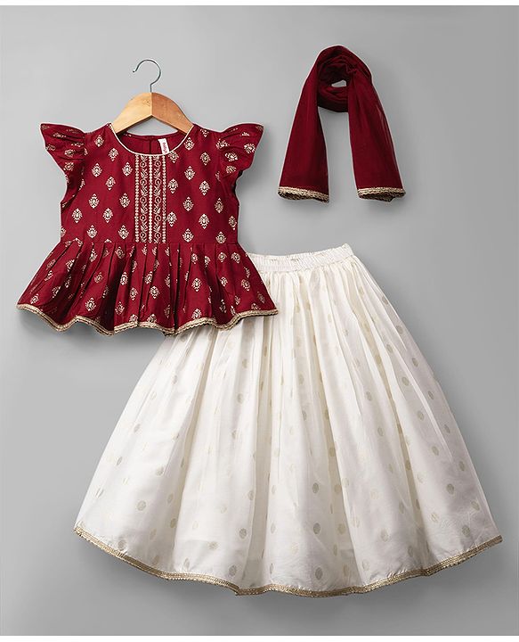 Babyhug Chanderi Woven Half Sleeves Floral Foil Printed Choli Lehenga Set With Dupatta - White & Red