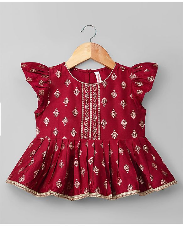 Babyhug Chanderi Woven Half Sleeves Floral Foil Printed Choli Lehenga Set With Dupatta - White & Red