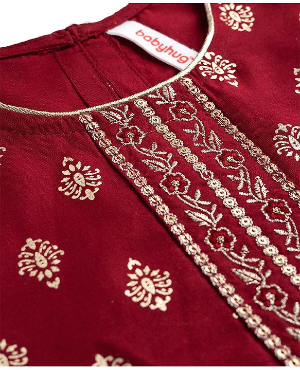 Babyhug Chanderi Woven Half Sleeves Floral Foil Printed Choli Lehenga Set With Dupatta - White & Red