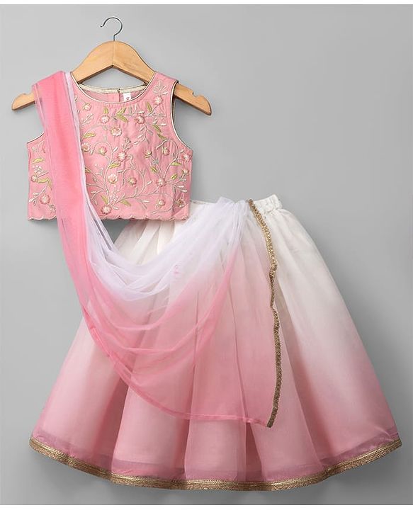 Babyhug Chanderi Woven Sleeveless Floral Embroidered Choli & Lehenga Set With Dupatta - Pink