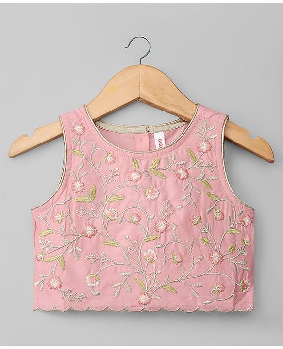 Babyhug Chanderi Woven Sleeveless Floral Embroidered Choli & Lehenga Set With Dupatta - Pink