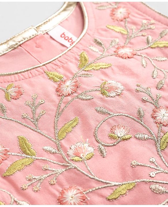 Babyhug Chanderi Woven Sleeveless Floral Embroidered Choli & Lehenga Set With Dupatta - Pink