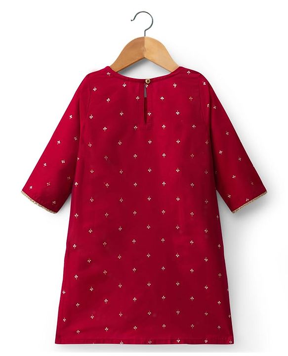 Babyhug Cotton Blend Woven Three Forth Sleeves Foil Printed & Floral Embroidered Kurta Salwar Set With Dupatta - Fuchsia