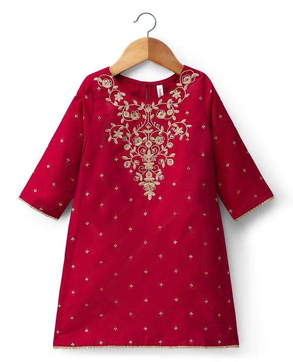 Babyhug Cotton Blend Woven Three Forth Sleeves Foil Printed & Floral Embroidered Kurta Salwar Set With Dupatta - Fuchsia