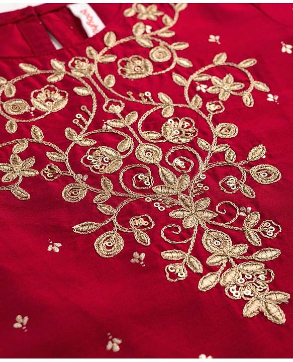 Babyhug Cotton Blend Woven Three Forth Sleeves Foil Printed & Floral Embroidered Kurta Salwar Set With Dupatta - Fuchsia