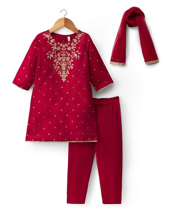 Babyhug Cotton Blend Woven Three Forth Sleeves Foil Printed & Floral Embroidered Kurta Salwar Set With Dupatta - Fuchsia
