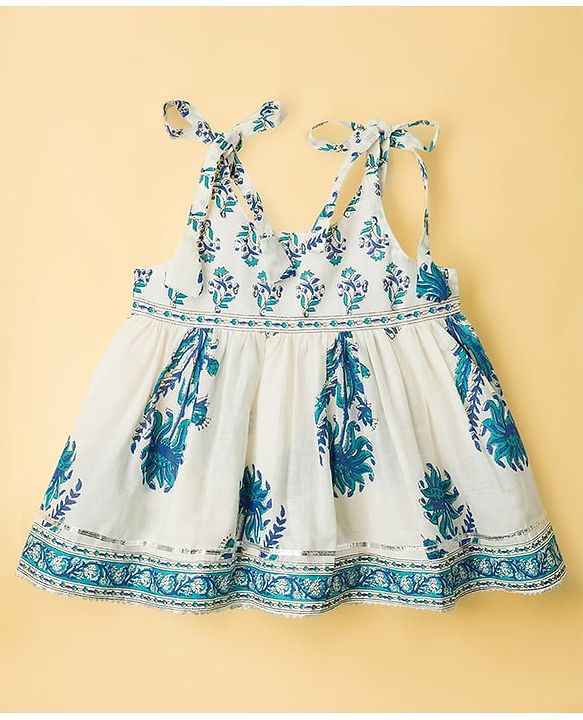 Babyhug 100% Cotton Cambric Woven Sleeveless Kurti Gharara Set With Floral Print & Dupatta - White