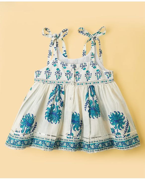 Babyhug 100% Cotton Cambric Woven Sleeveless Kurti Gharara Set With Floral Print & Dupatta - White