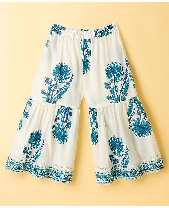 Babyhug 100% Cotton Cambric Woven Sleeveless Kurti Gharara Set With Floral Print & Dupatta - White