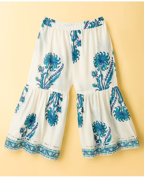 Babyhug 100% Cotton Cambric Woven Sleeveless Kurti Gharara Set With Floral Print & Dupatta - White