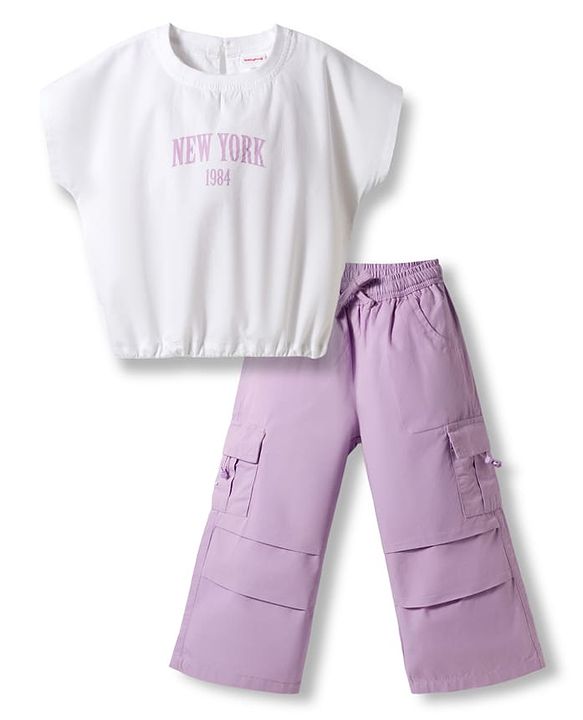 Babyhug Cotton Woven Half Sleeves Text Printed Top & Pant Set - White & Lilac