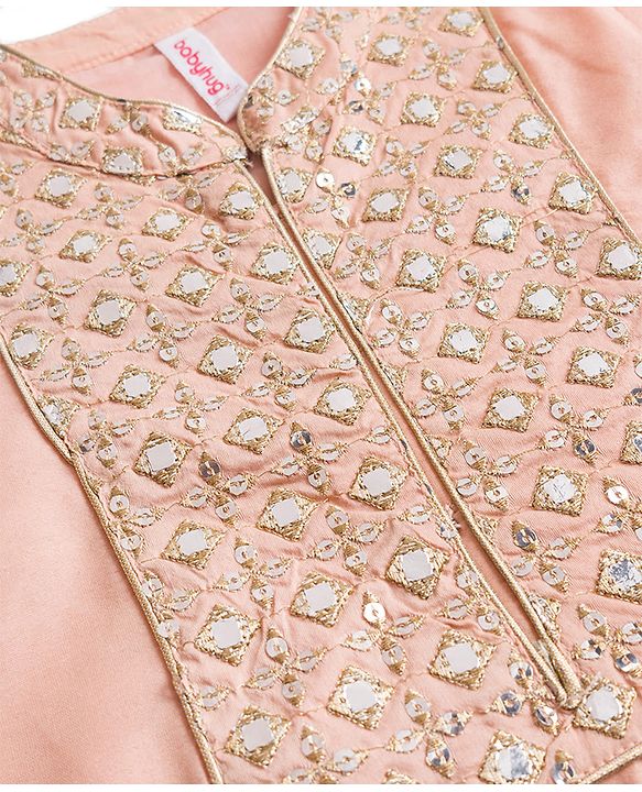 Babyhug Cotton Blend Woven Full Sleeves Solid Color Kurta Pajama Set with Embroidery - Peach