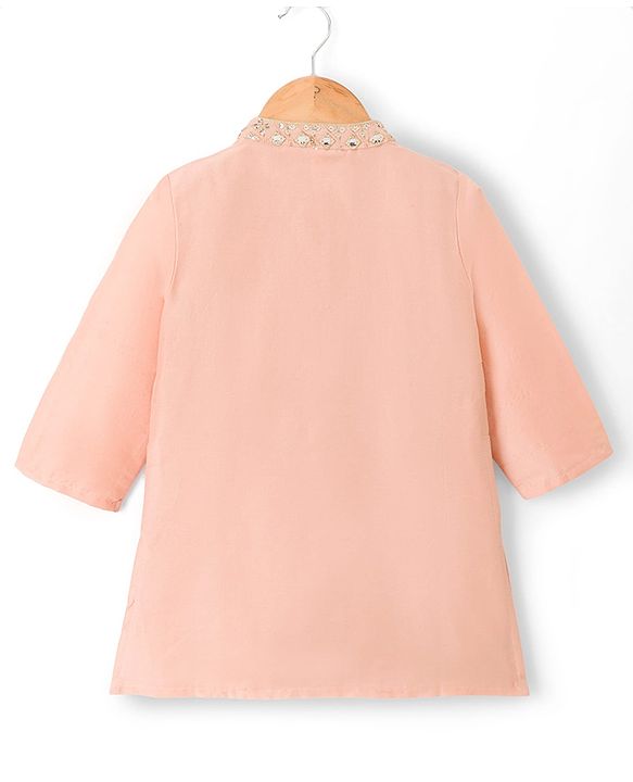 Babyhug Cotton Blend Woven Full Sleeves Solid Color Kurta Pajama Set with Embroidery - Peach