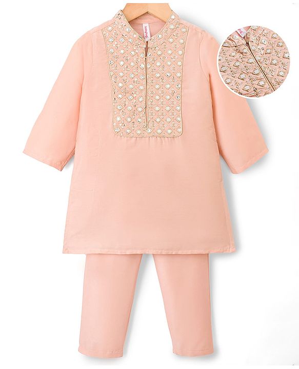 Babyhug Cotton Blend Woven Full Sleeves Solid Color Kurta Pajama Set with Embroidery - Peach