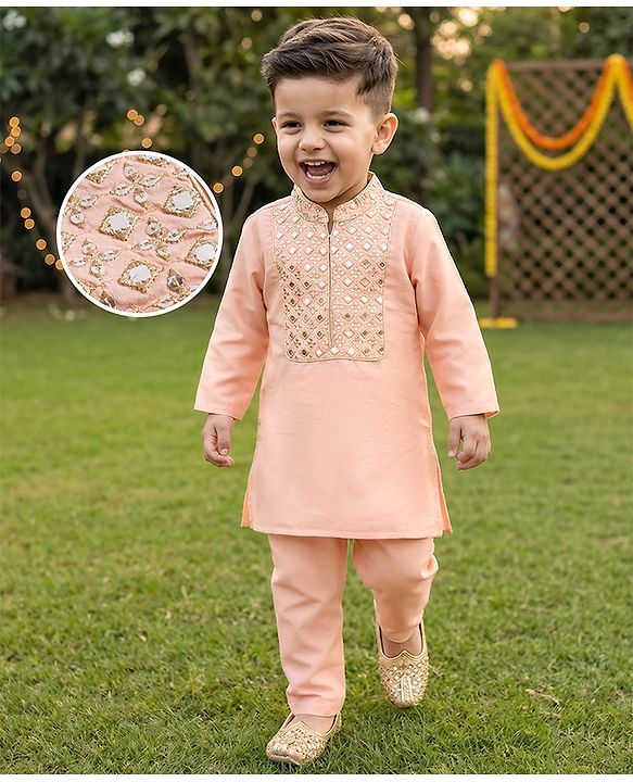 Babyhug Cotton Blend Woven Full Sleeves Solid Color Kurta Pajama Set with Embroidery - Peach