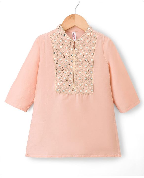 Babyhug Cotton Blend Woven Full Sleeves Solid Color Kurta Pajama Set with Embroidery - Peach