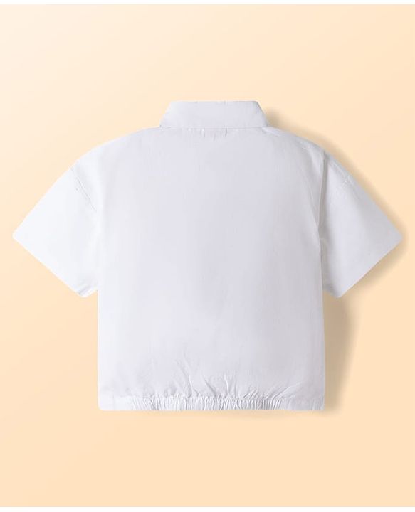 Babyhug Cotton Woven Half Sleeves Top & Jeans Set With Bow Embroidery - White & Light Blue