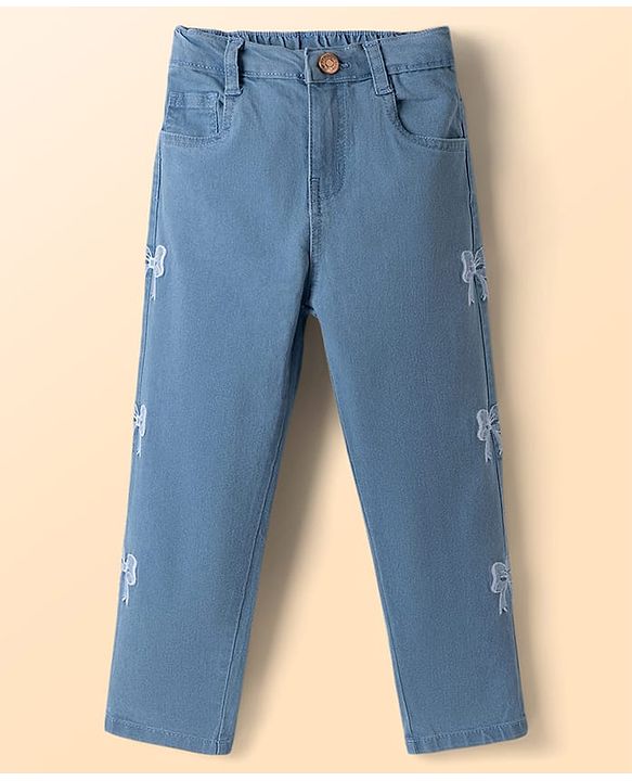 Babyhug Cotton Woven Half Sleeves Top & Jeans Set With Bow Embroidery - White & Light Blue