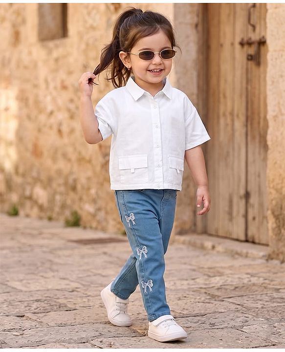 Babyhug Cotton Woven Half Sleeves Top & Jeans Set With Bow Embroidery - White & Light Blue