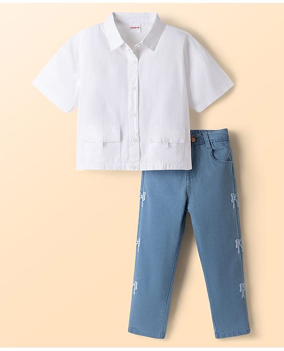Babyhug Cotton Woven Half Sleeves Top & Jeans Set With Bow Embroidery - White & Light Blue