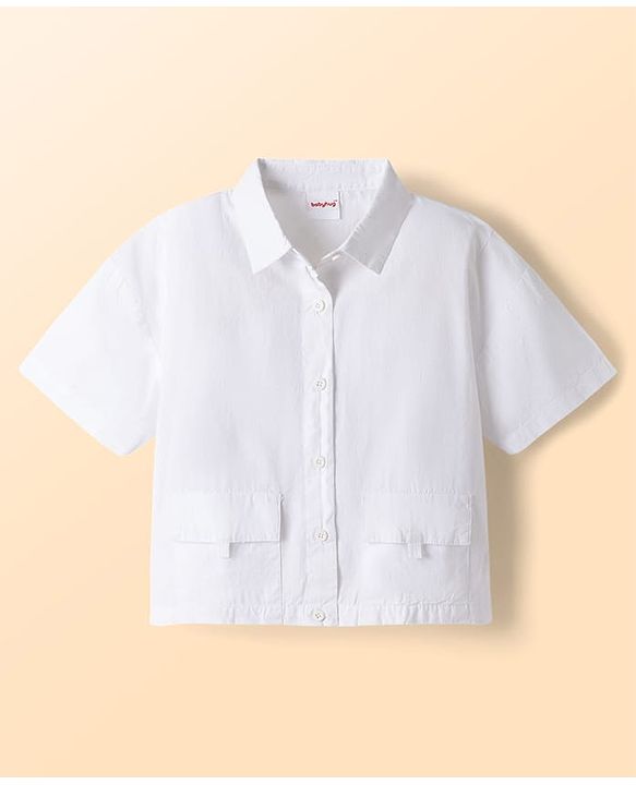 Babyhug Cotton Woven Half Sleeves Top & Jeans Set With Bow Embroidery - White & Light Blue